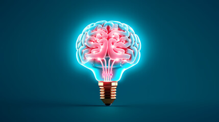 Creative idea of brain inside light bulb with idea or brainstorming concept on beige background