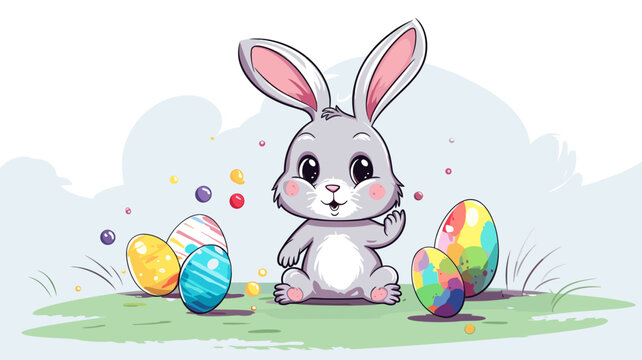 copy space, simple vector illustration, cute easter bunny painting easter eggs with a brush, cartoon hand drawn style appealing to children. Beautiful background for easter, invitation card, greeting 