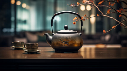 Traditional Japanese herbal tea made in old teapot - obrazy, fototapety, plakaty
