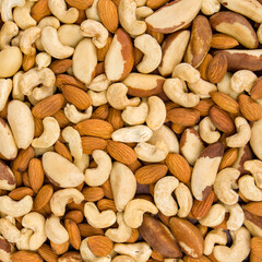 Background of assorted nuts including cashew, almond, brazil nut. Top view