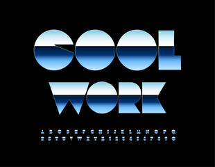 Vector motivational emblem Cool Work. Reflective Metallic Font. Silver Alphabet Letters and Numbers.