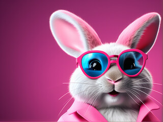 Fototapeta premium Cute funny hare in sunglasses. Portrait of a rabbit on a dark pink background. Cartoon fictional bunny character.
