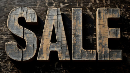 Very old Sale sign. Vintage tattered and scratched wooden Sale sign. Eye catchy advertising. Hot season of sales and discounts.