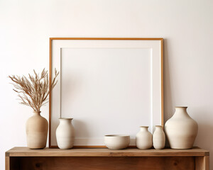 Fototapeta na wymiar Mockup frames on a bedside table with clay vases