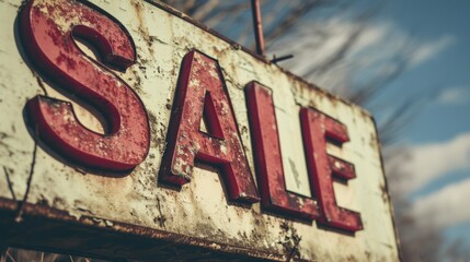 Very old Sale sign. Vintage tattered and scratched Sale sign. Eye catchy advertising. Hot season of sales and discounts.