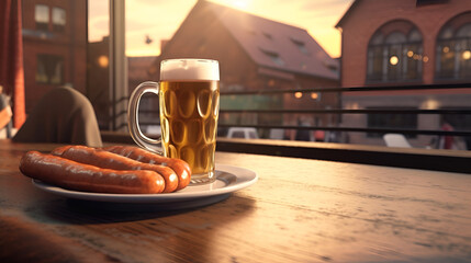 A glass of light beer with foam and fried sausages on a plate on a wooden bar table in a beer bar...