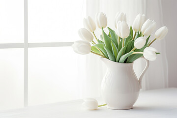 tulips bouquet in vase on wooden table - obrazy, fototapety, plakaty