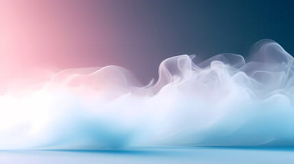Beautiful light blue background with white smoke trailing across the floor and pink lights - obrazy, fototapety, plakaty