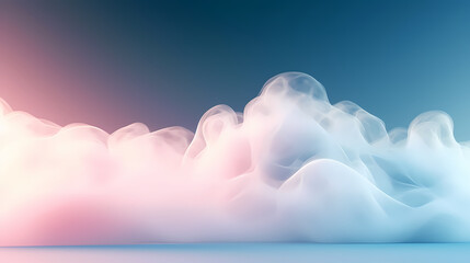 Beautiful light blue background with white smoke trailing across the floor and pink lights - obrazy, fototapety, plakaty
