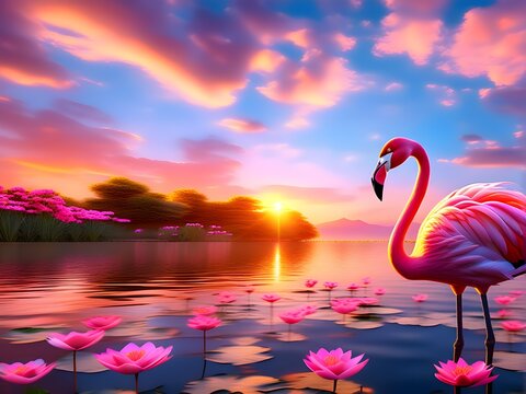 pink flamingo in water, new year calender landscape, morning