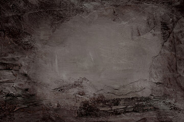 Grunge crumpled paper texture painting wall. Abstract black marble grain copy space background.