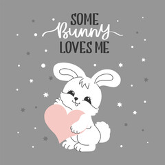 Cute white bunny and calligraphic lettering on a background of stars. Greeting card for Valentine's Day, Easter, birthday. Vector