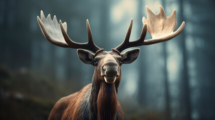Close-up image of a moose in a forest. Blurred background and cinematic light.