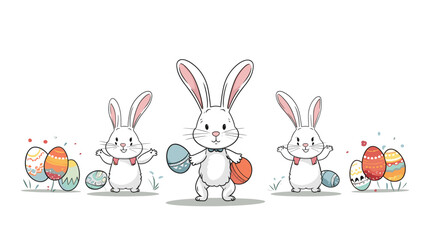 Obraz na płótnie Canvas copy space, simple vector illustration set, cute easter bunny carrying easter eggs, isolated on white background, cartoon hand drawn style appealing to children. cartoon style appealing to children. B