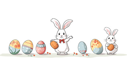 copy space, simple vector illustration set, cute easter bunny carrying easter eggs, isolated on white background, cartoon hand drawn style appealing to children. cartoon style appealing to children. B