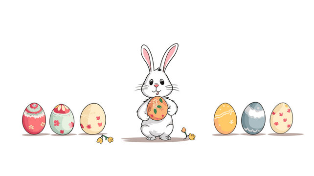 copy space, simple vector illustration set, cute easter bunny carrying easter eggs, isolated on white background, cartoon hand drawn style appealing to children. cartoon style appealing to children. B