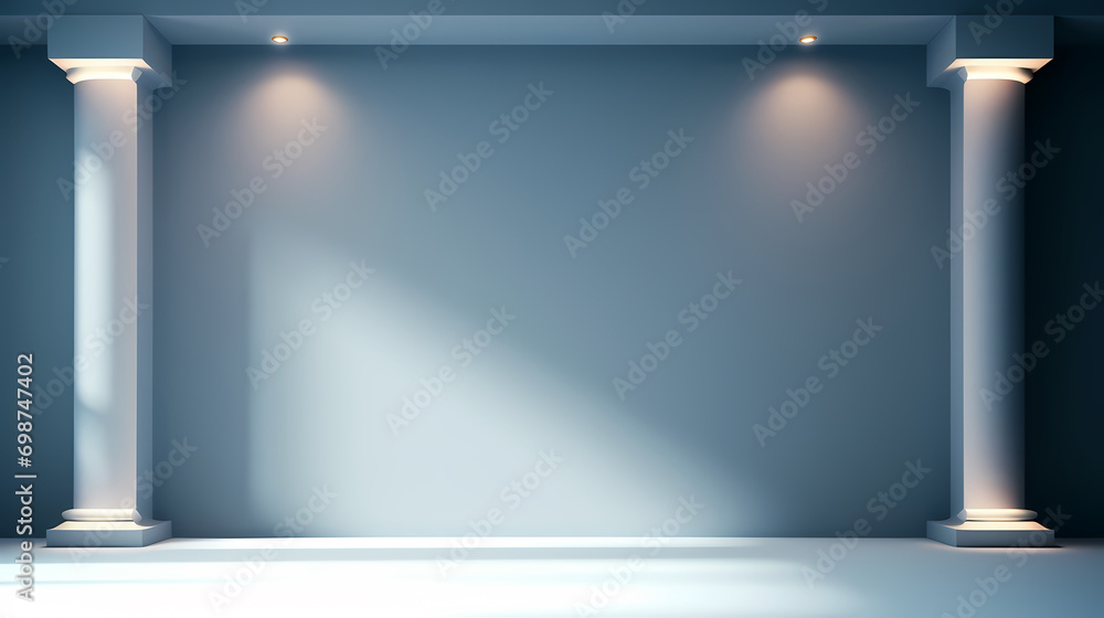 Poster beautiful gray-blue empty wall with side-lit columns. simple background for product display
