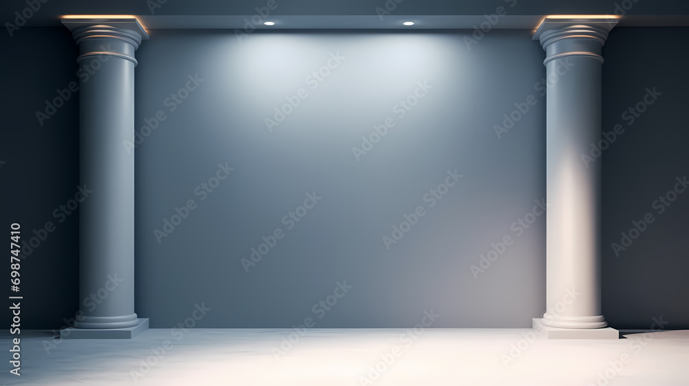 Poster beautiful gray-blue empty wall with side-lit columns. simple background for product display