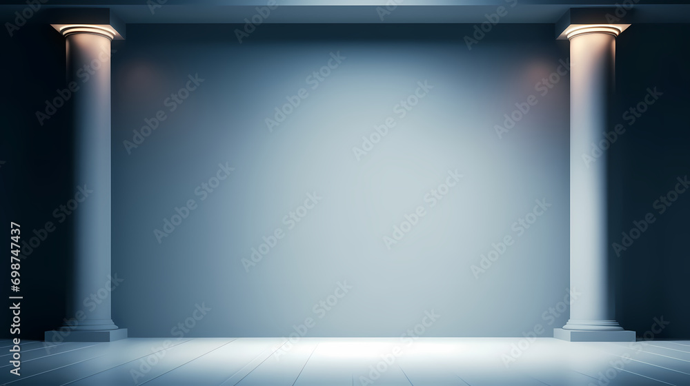 Poster beautiful gray-blue empty wall with side-lit columns. simple background for product display