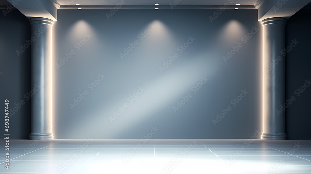 Poster beautiful gray-blue empty wall with side-lit columns. simple background for product display