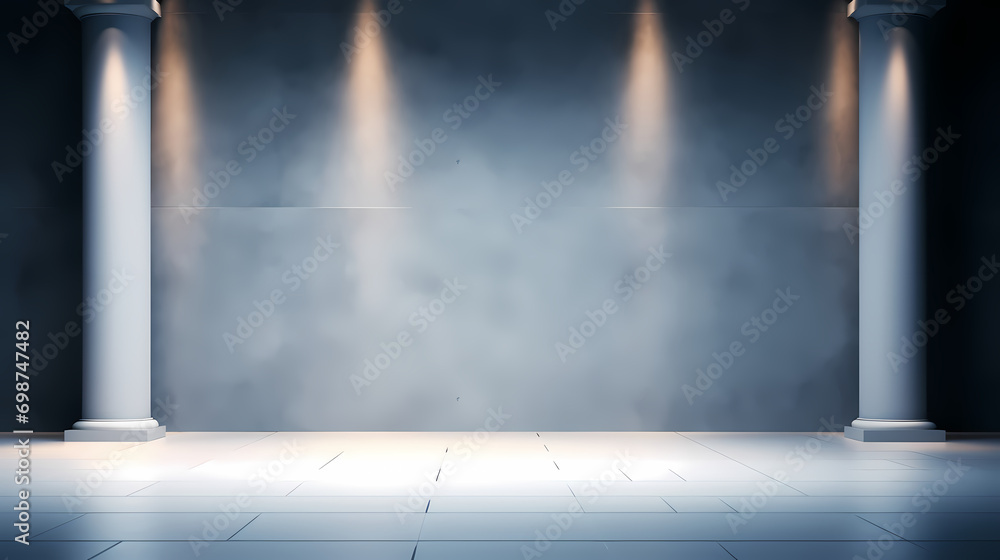 Poster beautiful gray-blue empty wall with side-lit columns. simple background for product display