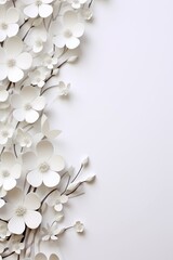 Romantic white background with space for text or images white paper flowers on the left