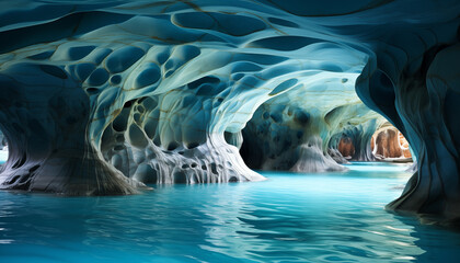 marble cave in coastal cliff with clear water