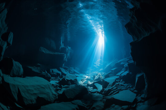 underwater cave with sunlight shining through the water