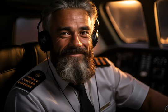 Generative AI illustration of experienced pilot with a beard smiling in the cockpit wearing a headset looking at camera