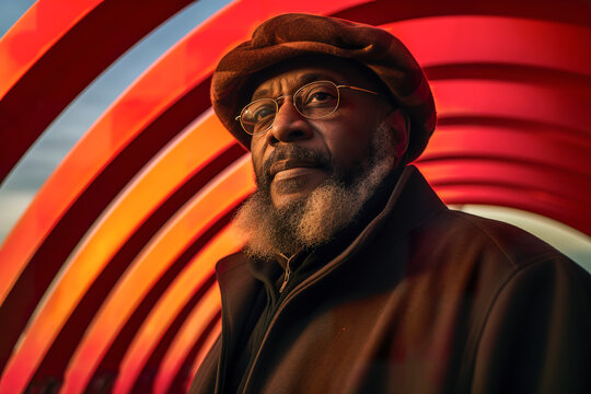 Generative AI illustration of elderly Black man with a beard wearing glasses and a beret with a striking red and orange striped background