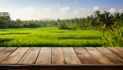 Empty rustic old wooden boards table copy space with rice field in background. Product display template. Generative AI