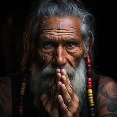 ancient wisdom: spiritual elder with a prayerful gesture