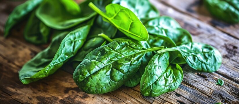 Fresh spinach leaves on wooden table, up close.