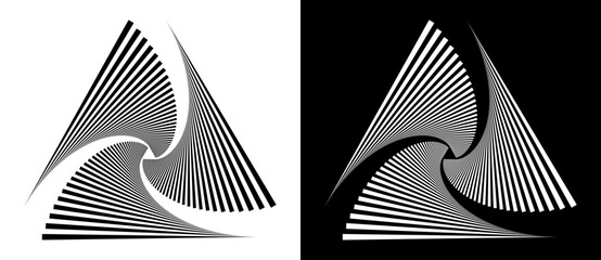 Geometric triangle shape with lines as modern design element, logo or icon. Black shape on a white background and the same white shape on the black side.