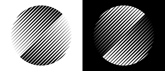 Transition parallel lines in circles. Abstract art geometric background for logo, icon, tattoo. Black shape on a white background and the same white shape on the black side. - 698750620