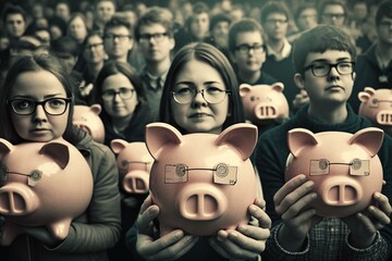 Graduate students clutching piggy banks in a symbolic show of saving for the future. Generative AI