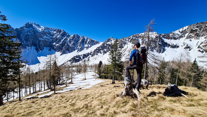 Fototapeta premium Hiker man standing on trunk on Ogrisalm enjoying scenic view of Karawanks mountains in Carinthia, Austria. Looking at snow capped summit of Vertatscha and Hochstuhl. Remote alpine cottage in Bodental