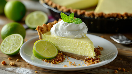 A Slice of Key Lime Pie with Whipped Cream and Mint