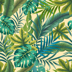 Seamless pattern with tropical beautiful leaves exotic background