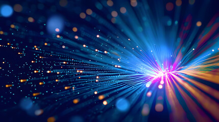 Abstract technology background with bokeh effect and colored lines with dots symbolizing speed of data transfer inside a network. 