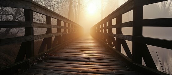 Wooden bridge in the foggy morning, bathed in soft sunlight.