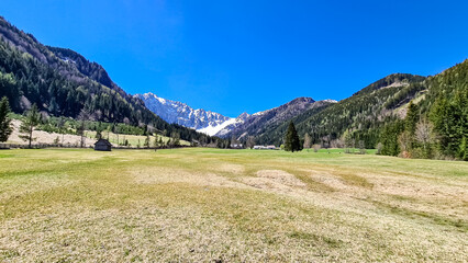 Alpine meadow of the Maerchenwiese with panoramic view of Karawanks mountains in Carinthia, Austria. Looking at snow capped summit of Vertatscha and Hochstuhl. Remote alpine landscape in Bodental