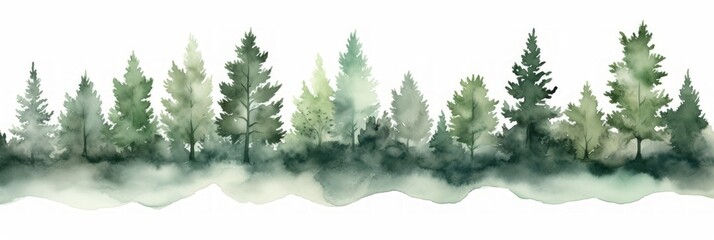 Watercolor Rowan Tree Line on White Background AI Generated