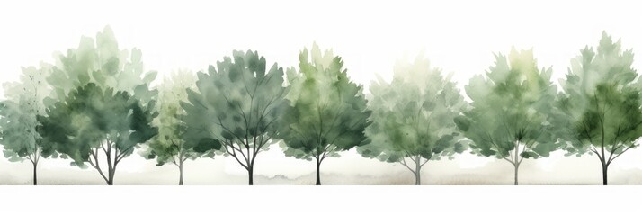 Watercolor Cottonwood Tree Line on White Background AI Generated - obrazy, fototapety, plakaty