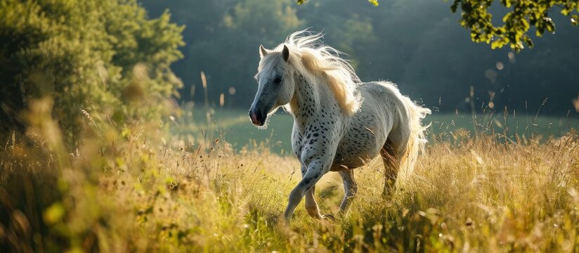 Summer field with running white-maned miniature Shetland stallion