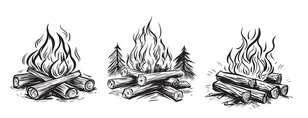 Bonfire set sketch drawn by hand in doodle style Vector Campfire - obrazy, fototapety, plakaty