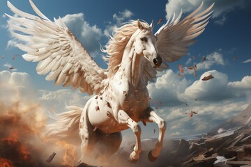 Obraz na płótnie Canvas A white pegasus with luxurious spread wings in flight against a background of blue sky and white clouds. Concept: mythical animal
