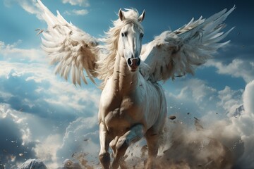 A white pegasus with luxurious spread wings in flight against a background of blue sky and white clouds. Concept: mythical animal