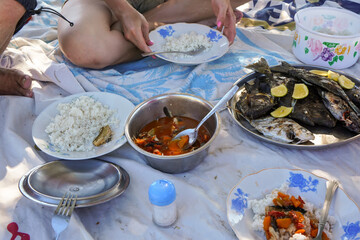Eating fresh caught fish prepared into stew and grilled meat, detail to dishes with seafood and rice served on a blanket at the beach
