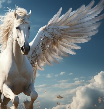 A white pegasus with luxurious spread wings in flight against a background of blue sky and white clouds. Concept: mythical animal
